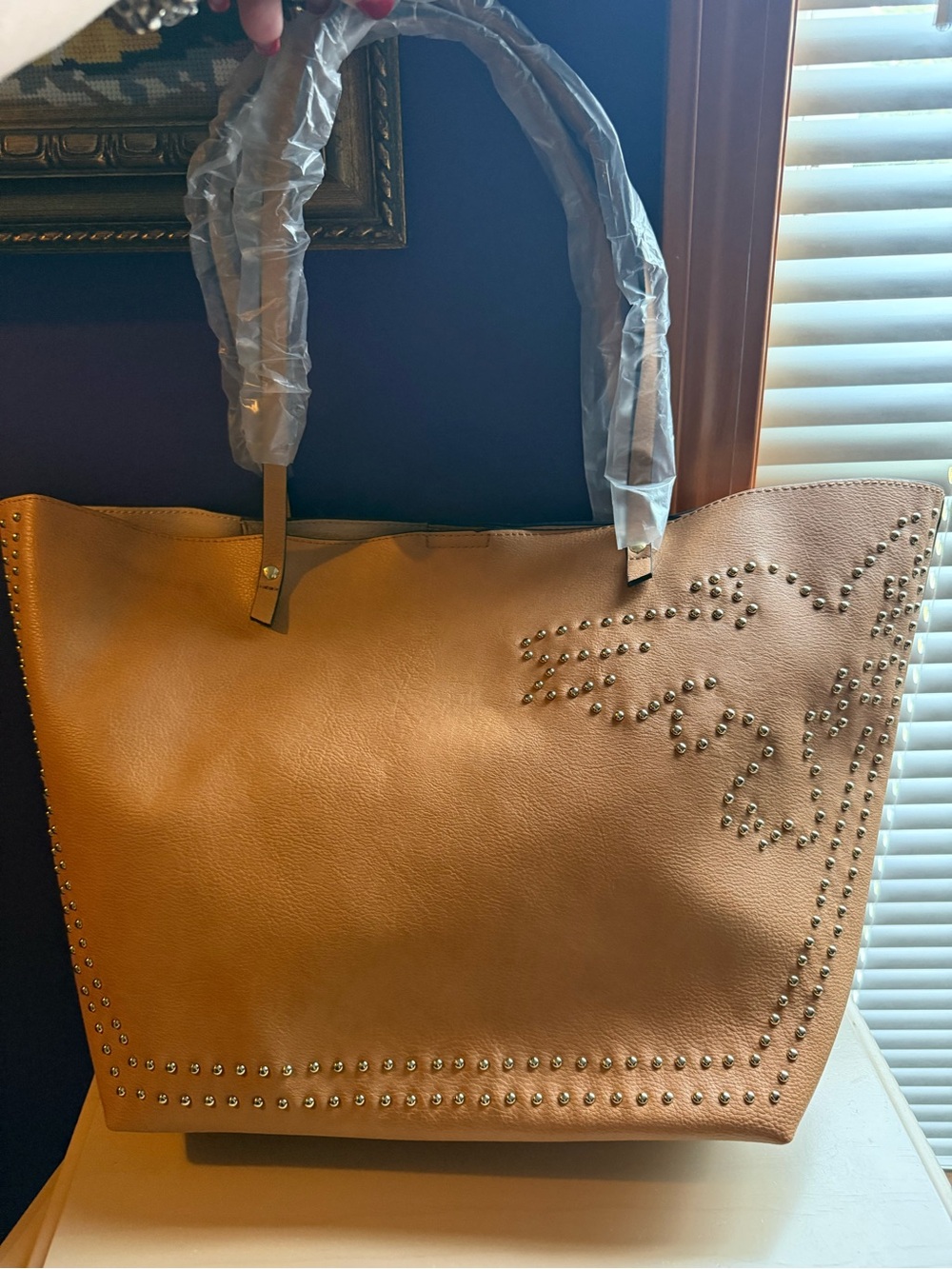 Neiman Marcus Tan Studded Tote with Floral Stud Accent